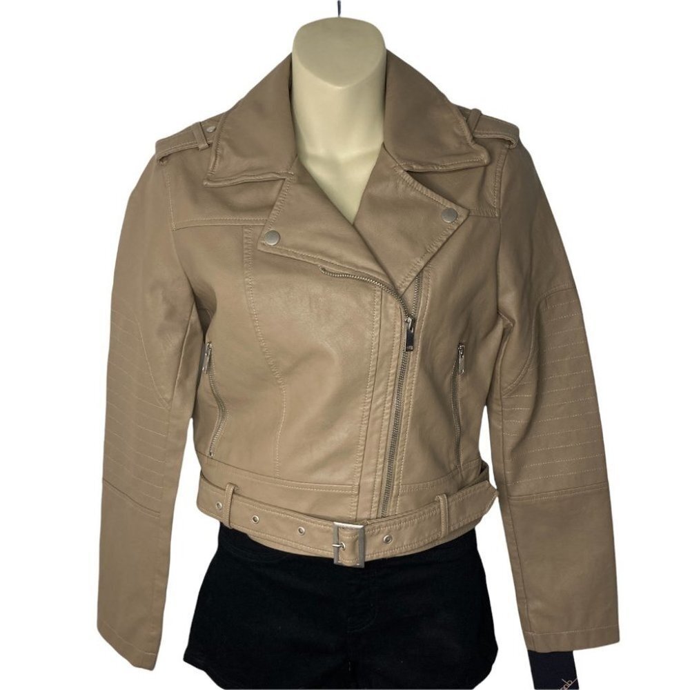 Collection B Faux Leather Belted Moto Jacket Brown Size Small - Picture 9 of 12
